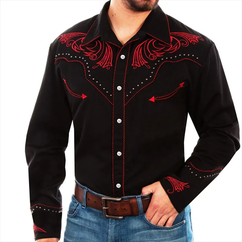 Camisa de mezclilla occidental con patrón de hoja para hombre, puños de calle al aire libre, camisa de manga larga, diseño de botones, top informal