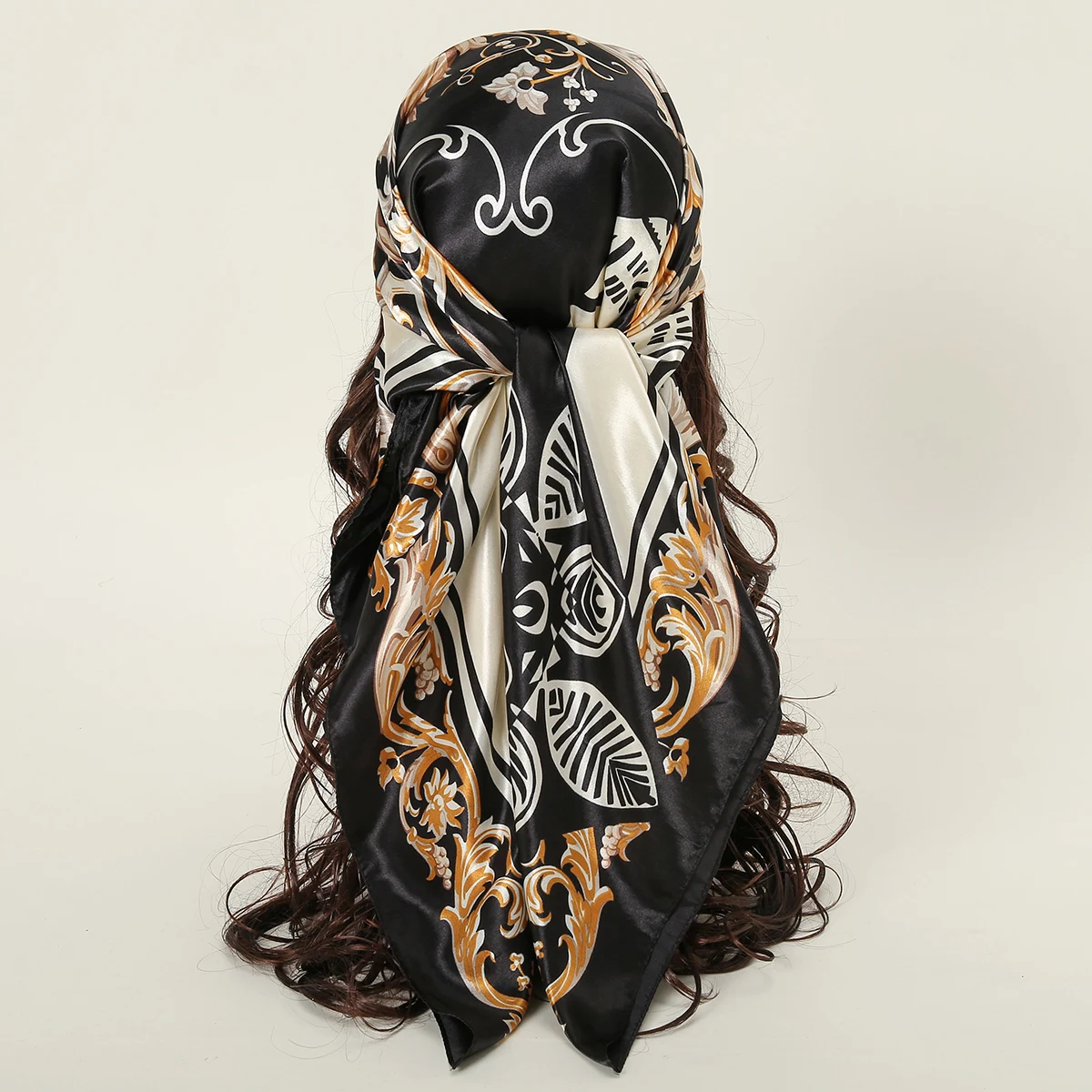 90*90cm Square Scarf Women Silk Satin Bandana Hijabs Black Printed Headband Wrap Female Lady Travel Turban 2024 Muslim Hijab