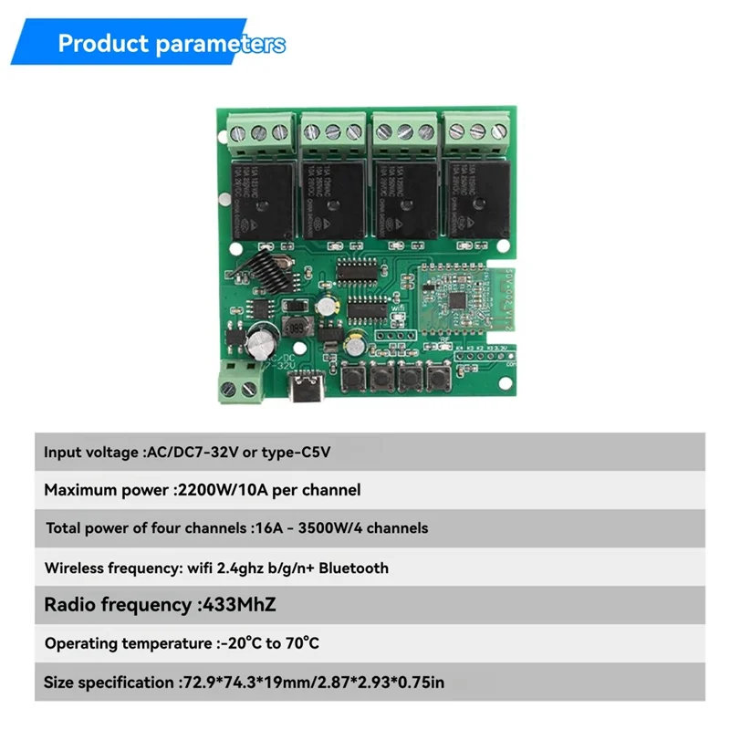 -A90P para ewelink app compatível módulo de interruptor de relé wi-fi inteligente 4 canais ac/dc 7-32v tipo-c 5v 433mhz controle remoto