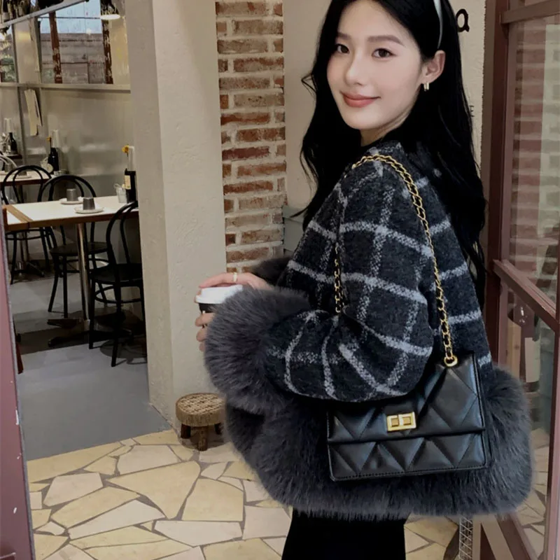 

Осень-зима, новое маленькое ароматное пальто, женская мода, клетчатые манжеты с мехом, лоскутный вязаный кардиган с длинными рукавами, свитер, топ