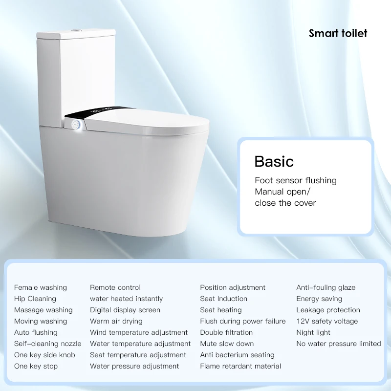 Two-Piece Smart Automatic Flush Toilet Ceramic Floor Mounted Elongated Bowl Remote Control Seat Heating SAA Certified P-Trap