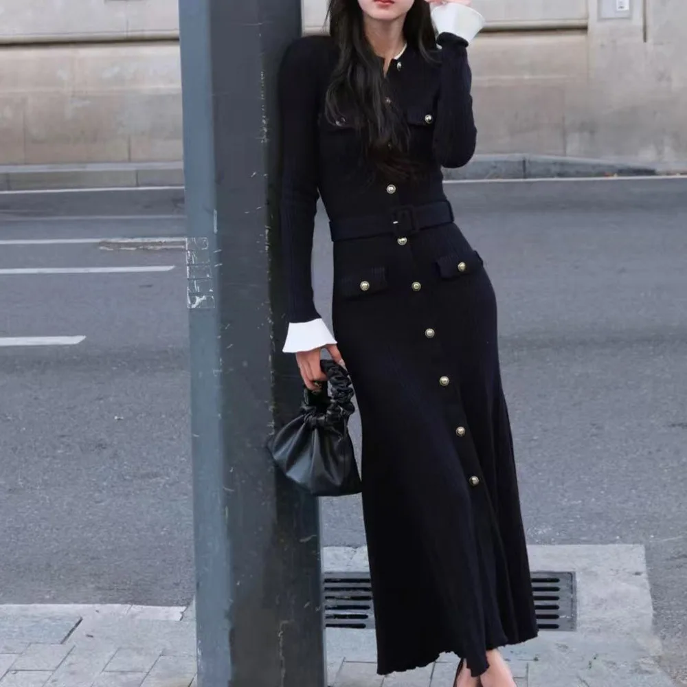 

High-End OL Long Knitted Dress Autumn Winter New Fashion Solid Color Round Neck Flared Sleeve Knitted Mermaid Dress for Women