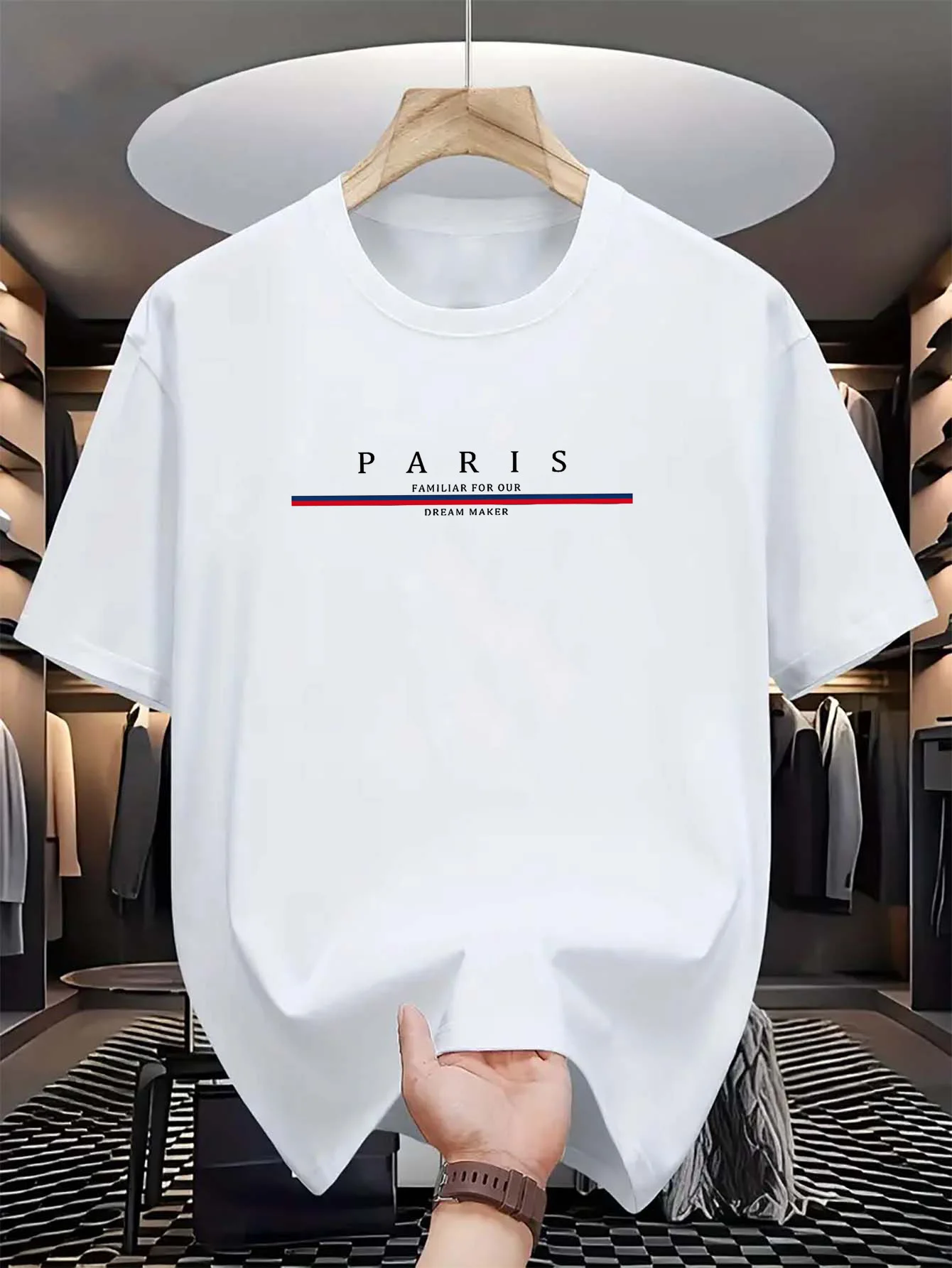 Men's 100% pure cotton summer casual loose fashion Paris letter printed comfortable round neck short sleeved T-shirt top image 2