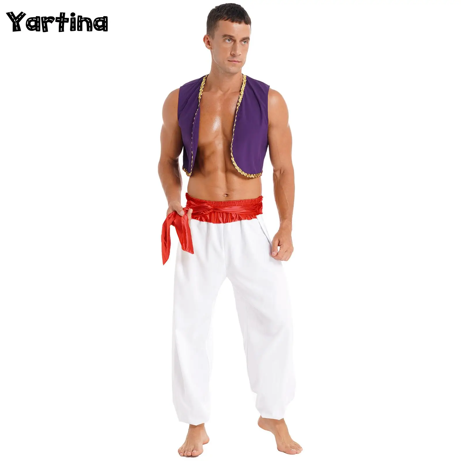 

Men Halloween Mythical Prince Arabian Arab Prince King Cosplay Theme Party Costume Sequin Trim Waistcoat with Belted Harem Pants