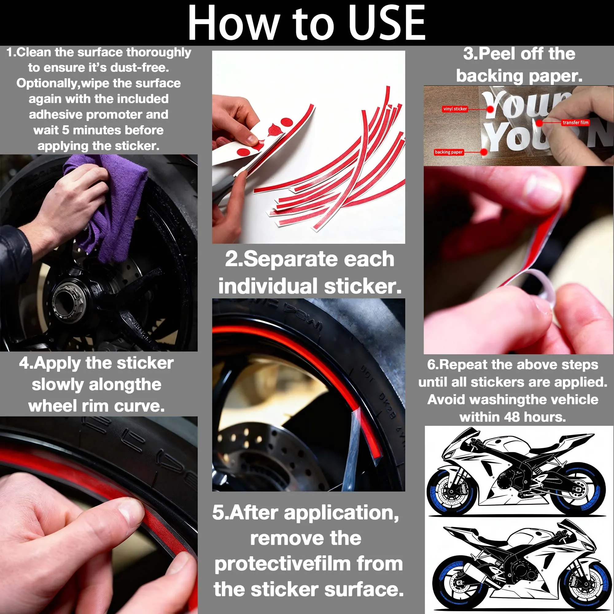 16 Stück/1 Set für 16-19 Zoll Motorrad-Felgenaufkleber, Vinyl-Sticker, wasserdichte Moto-Außen-Tuning-Zubehörteile – Detail 5