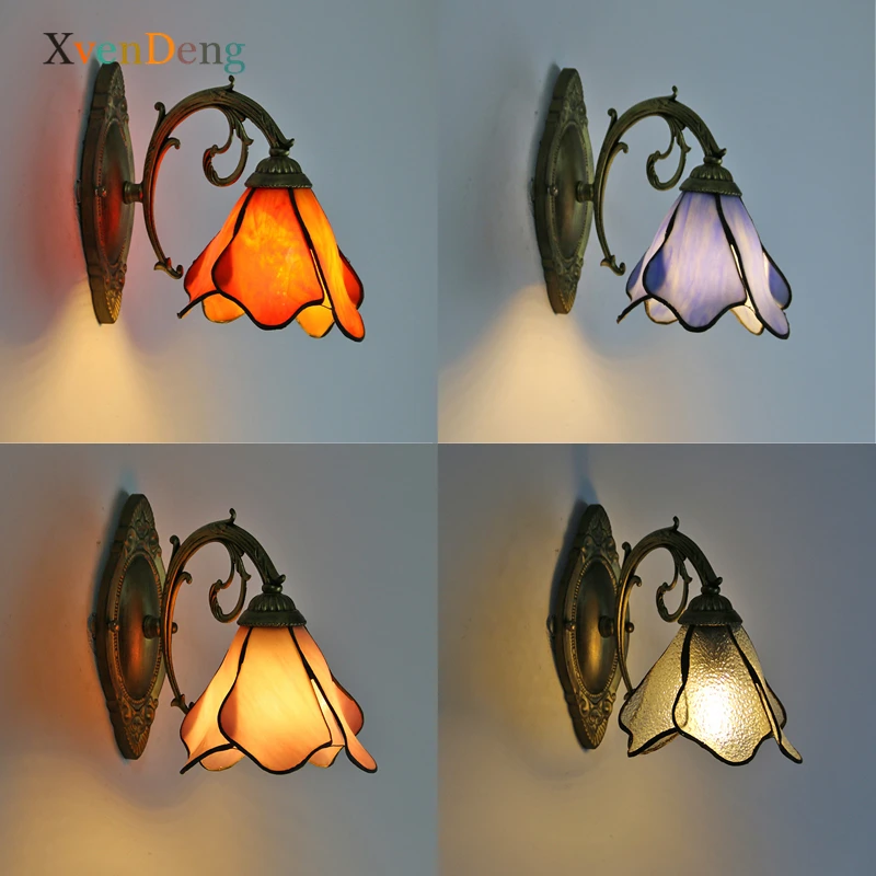 Vintage Tiffany Flower Wall Lamp Mediterranean Stained Glass Led Wall Lights for Home Decor Bedroom Sconce Bathroom Mirror Light