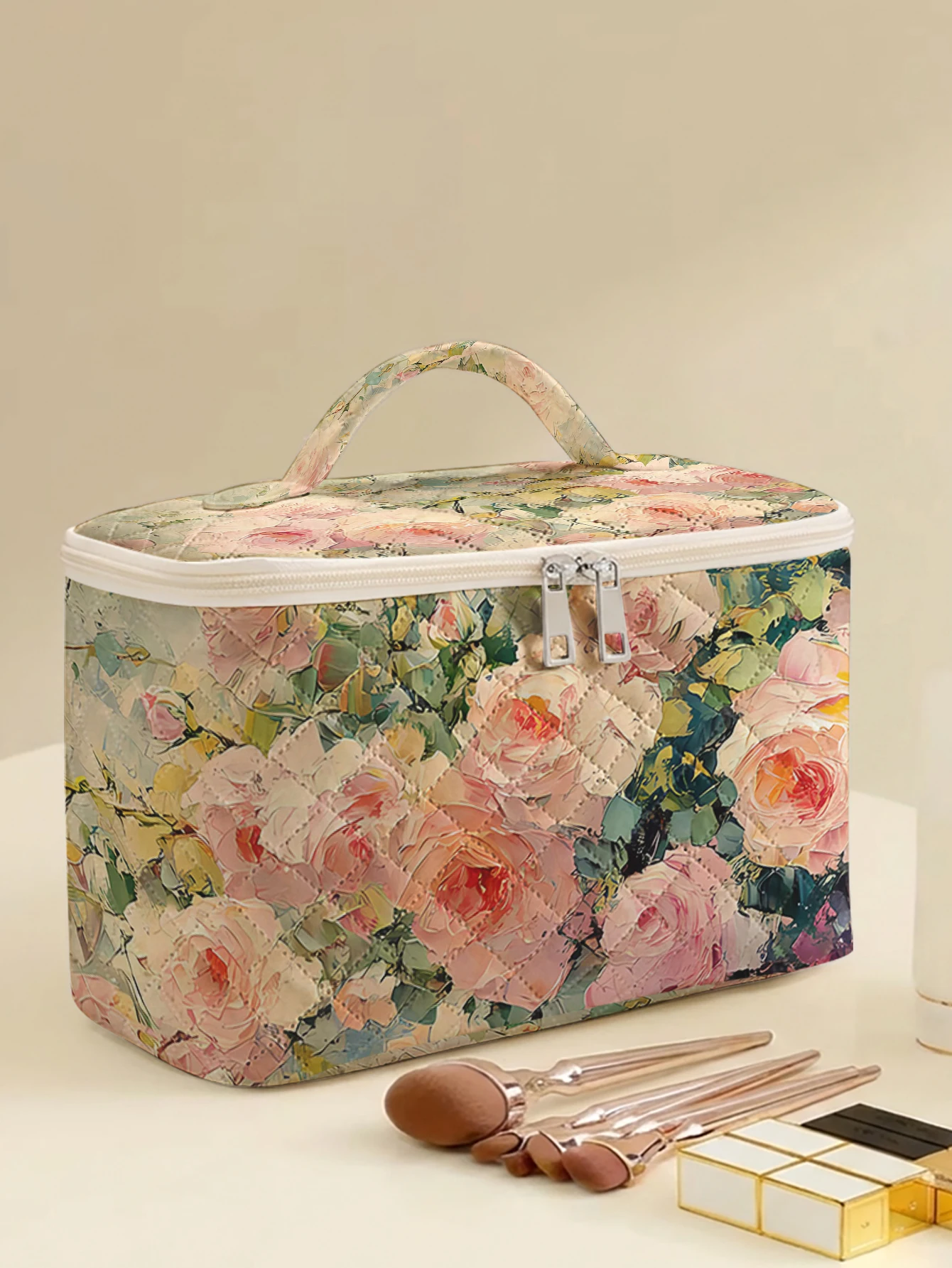 1pc, Portable travel cosmetics with rose patterns, large capacity travel storage bag, cute and stylish makeup bag