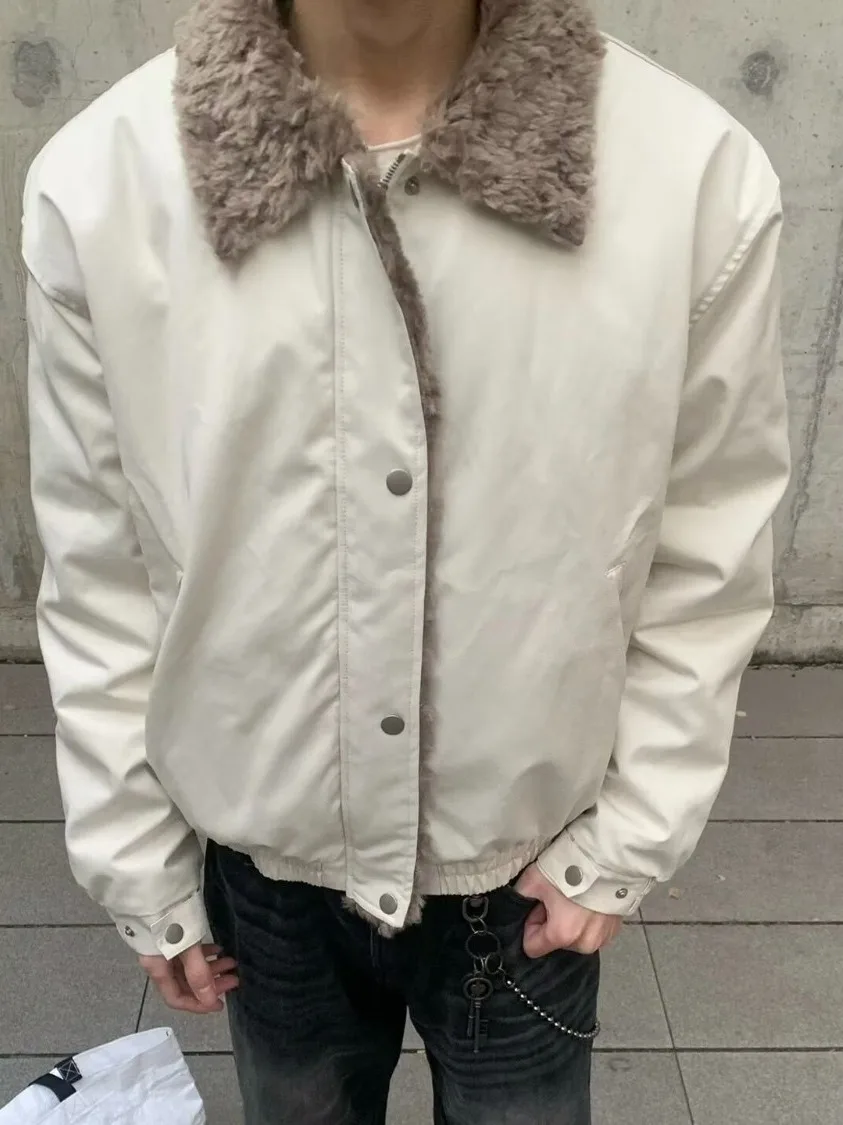 

American Retro Thiened Cotton Jaet with Fur Collar for Men Loose Fit Warm Casual Outerwear for Teenagers And Adults