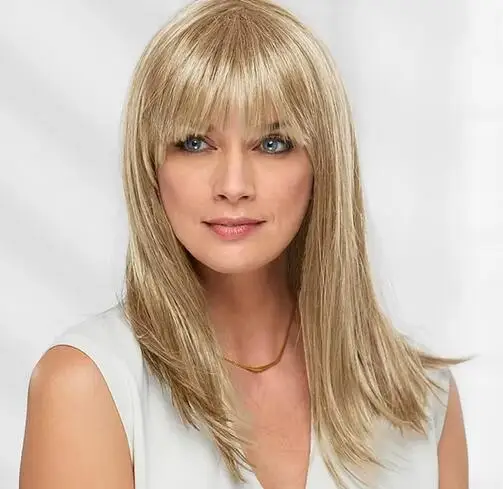 Synthetic Hair Blonde Smooth Straight Long Wig with Blunt Bangs Party Wigs for Women