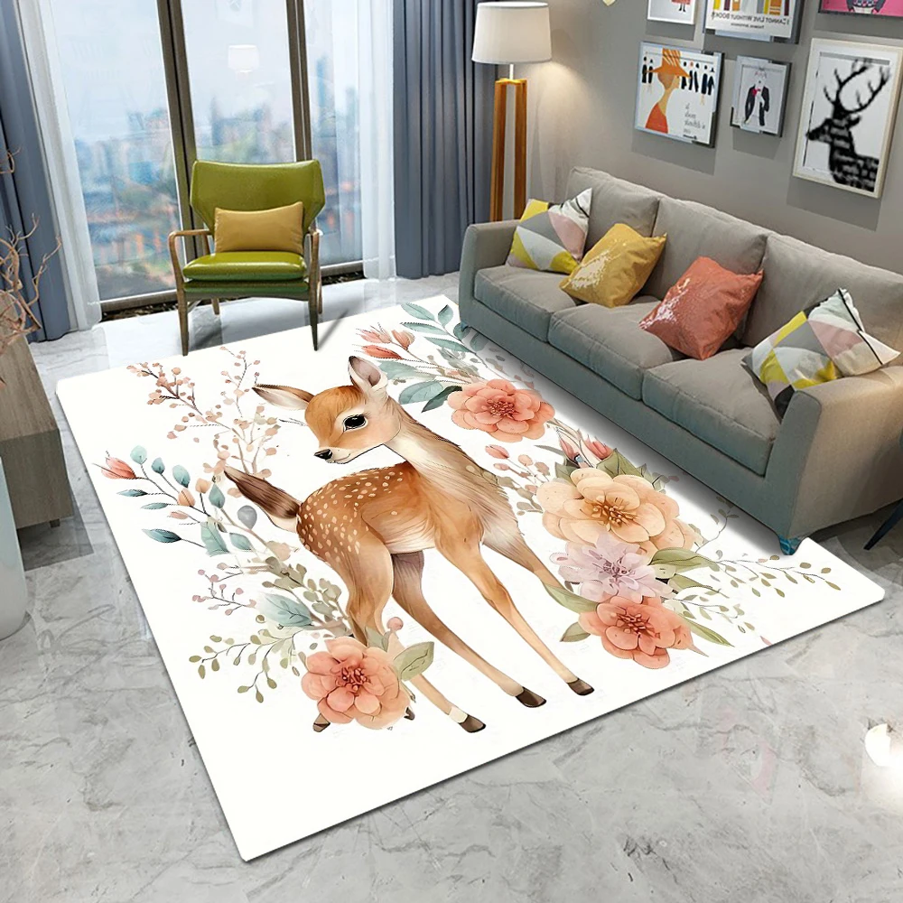 Watercolor Deer Floral Area Rug With Cute Animal Plant Pattern Soft Decorative Carpet For Living Room Bedroom Kids Room