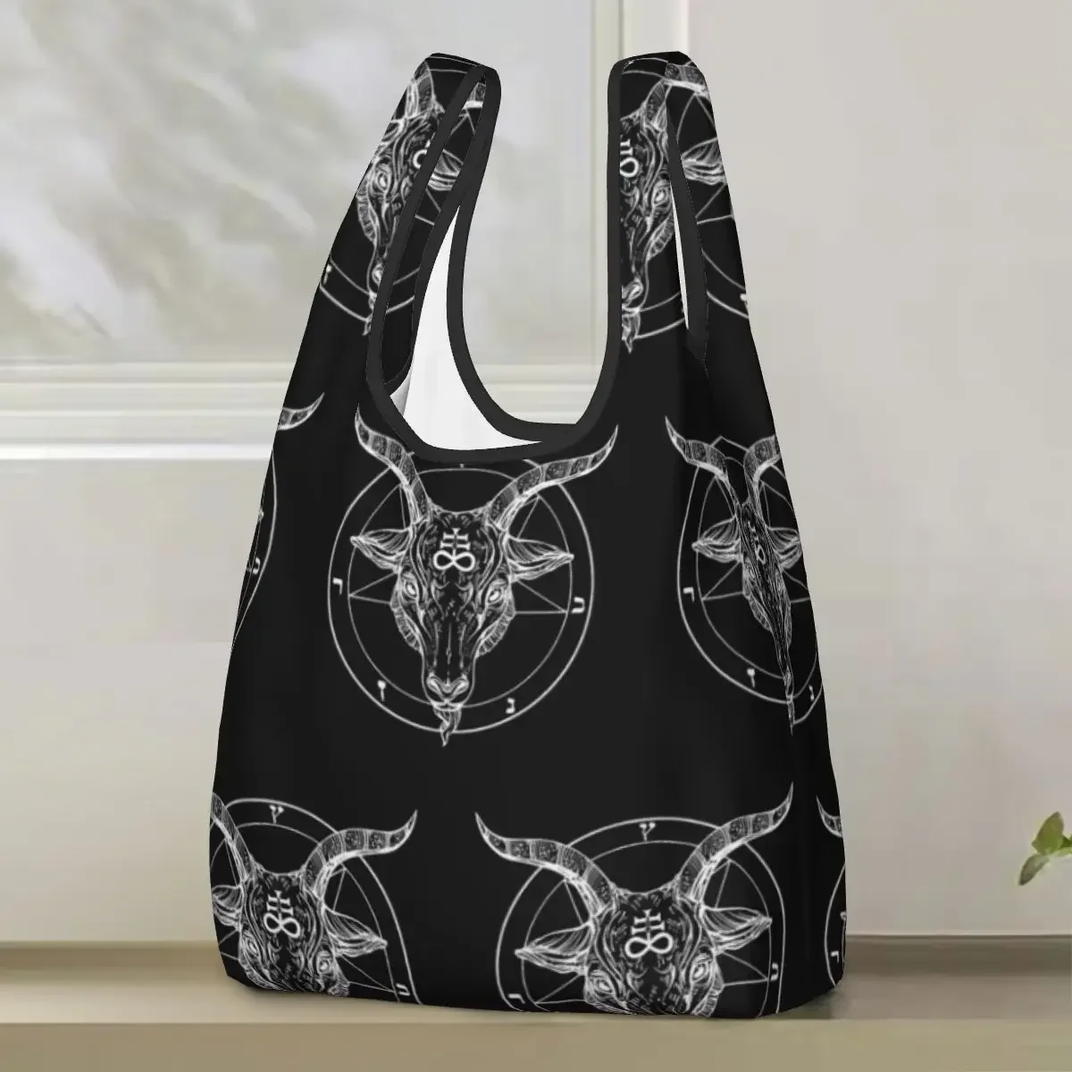 Baphomet Goat Head With Pentagram Or Satanist Symbol Portable Tote Bags Foldable Shoulder Shopper Bag Grocery Handbag