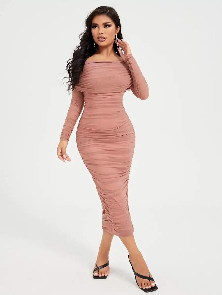 

Women's Off-Shoulder Long Sleeve Ruched Bodycon Dress in Dusty Rose