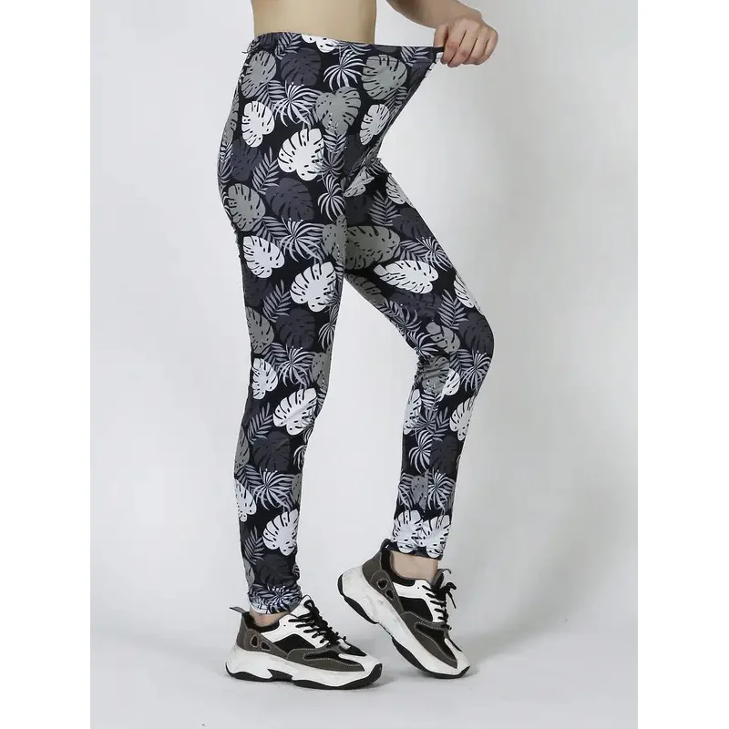 Plant Leaf Print Cropped Pants Casual Sports Leggings High Stretch Yoga Pants Gym Training Pants Outdoor Cycling Leggings
