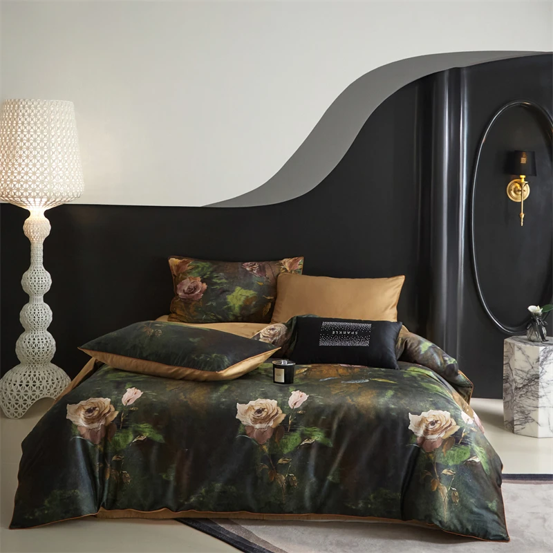 600TC Egyptian Cotton Luxury Bedding Set Vintage Oil Painting Rose Floral Print Duvet Cover Bed Sheet/Fitted Sheet Pillowcases