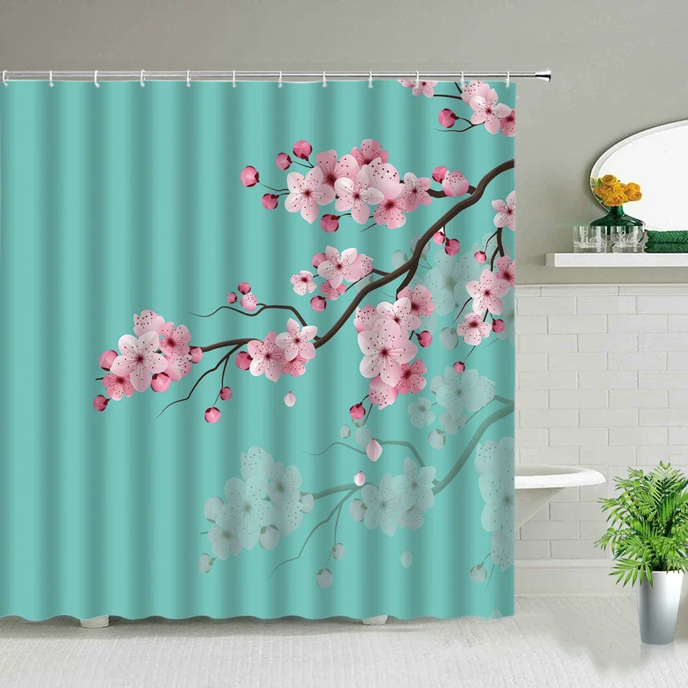 Modern Scenery Print Shower Curtains Pink Purple Flowers Trees Chinese Style Floral Bathroom Curtain Waterproof Fabric With Hook