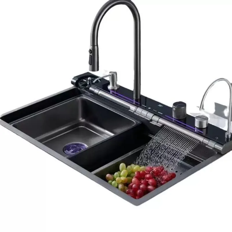 Rectangular 304 Bowl Installed Stainless Steel Apron Farmhouse Handmade Smart Waterfall Multifunctional Kitchen Sink