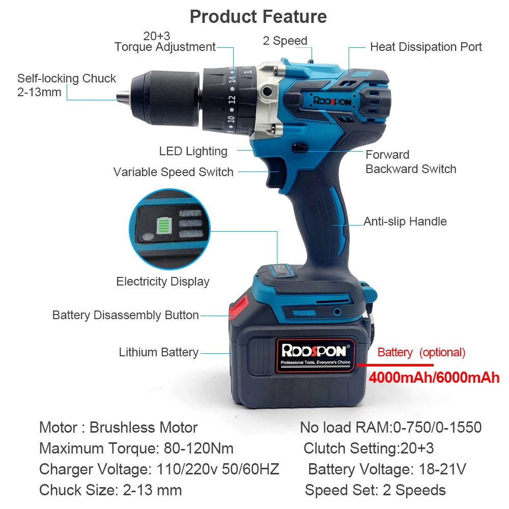 Akku bürstenlose Schlag bohrmaschine 21V Funk batterie 4000ah 6000ah Elektro schrauber 13mm Spannfutter Elektro werkzeuge mit Bohrern