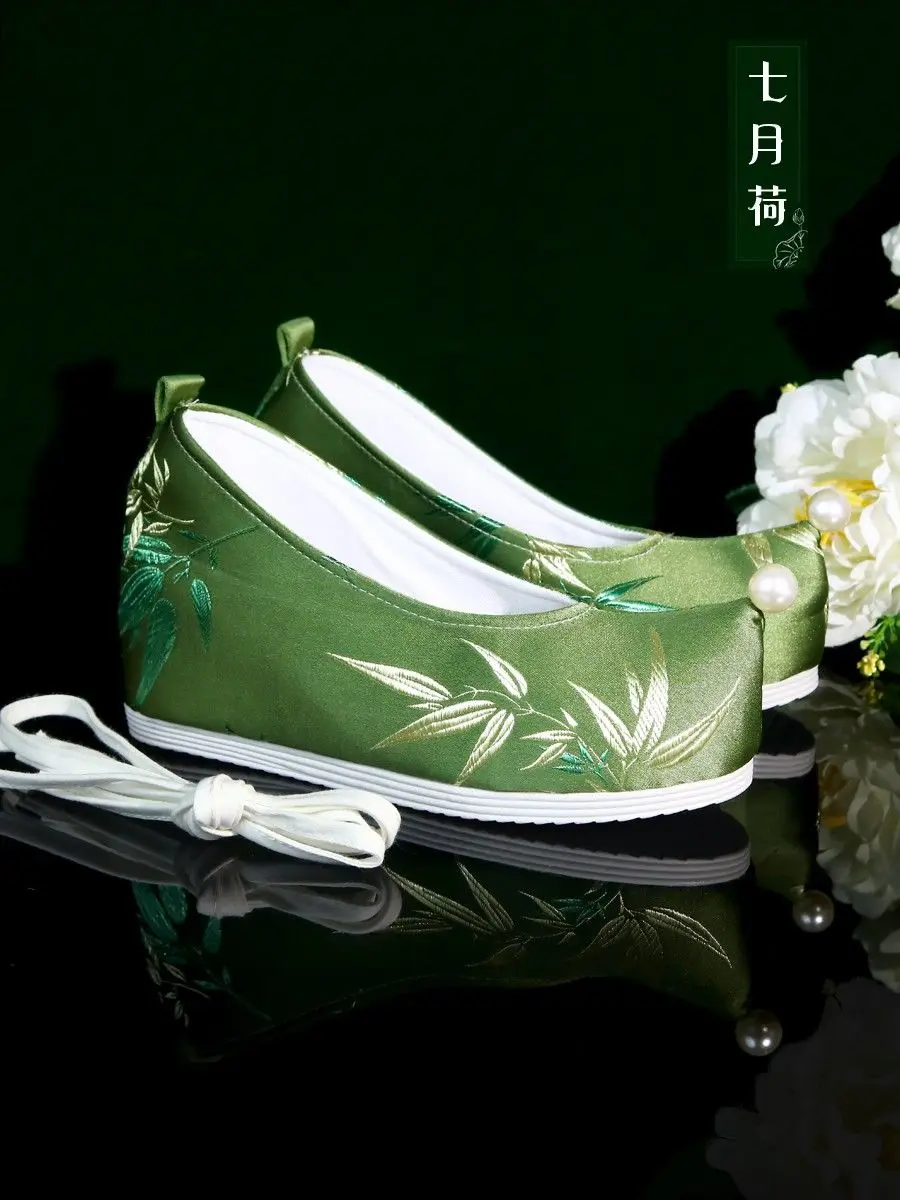 Chinesisch in Sthe New dunkelgrün Hanfu Schuhe Brokat grün Kostüm Stoff Schuhe Bambus täglich grün Stickerei Hanfu Schuhe