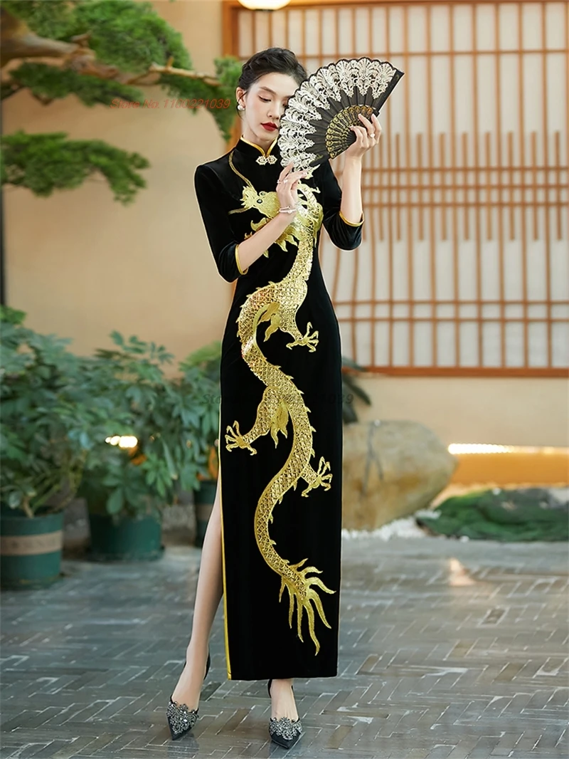 2025 chinese improved dress traditional qipao dress national dragon embroidery velvet qipao oriental banquet evening dress qipao