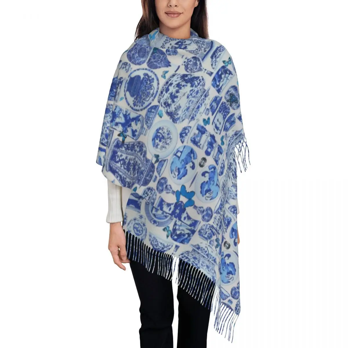 

Fashion Delft Blue Chinese Porcelain Vases Pattern Tassel Scarf Women Winter Shawl Wrap Female Antique Oriental Toile Scarves
