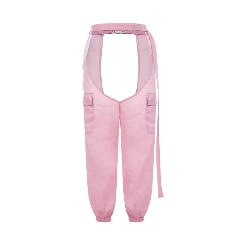 Pantaloni lunghi da donna con apertura sul cavallo pantaloni neri solidi a vita alta senza cavallo con cintura a catena Lady Sexy Night Club cavallo pantaloni MYQH05