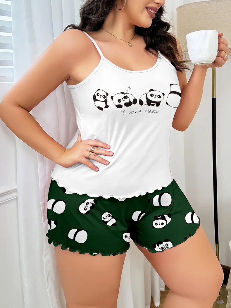 3XL 4XL 5XL Plus Size Oversized Pajamas Set Women Sleepwear Casual Cartoon Panda Printed Crop Tops and Shorts Sets Loungewear