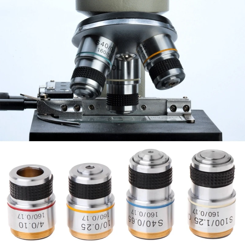 Microscopio biológico 4X 10X 40X 100X, lente objetivo acromática, adaptadores lente microscopio, lente objetivo compacta