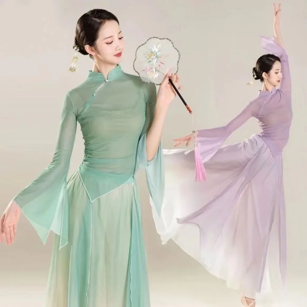 Classical Dancer Performance Costumes Chiffon Cardigan Practice Dance Clothes Body Rhyme Long Outer Chinese Folk Dance Costume