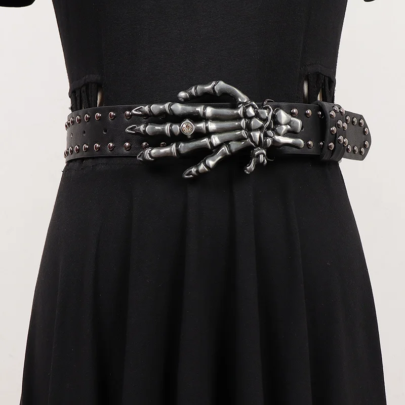 

Black Punk Metal Skull Hands Buckle Waist Belts Women Men Unisex PU Leather Belts Cinto Punk Street Rivet Studded Centure Belts