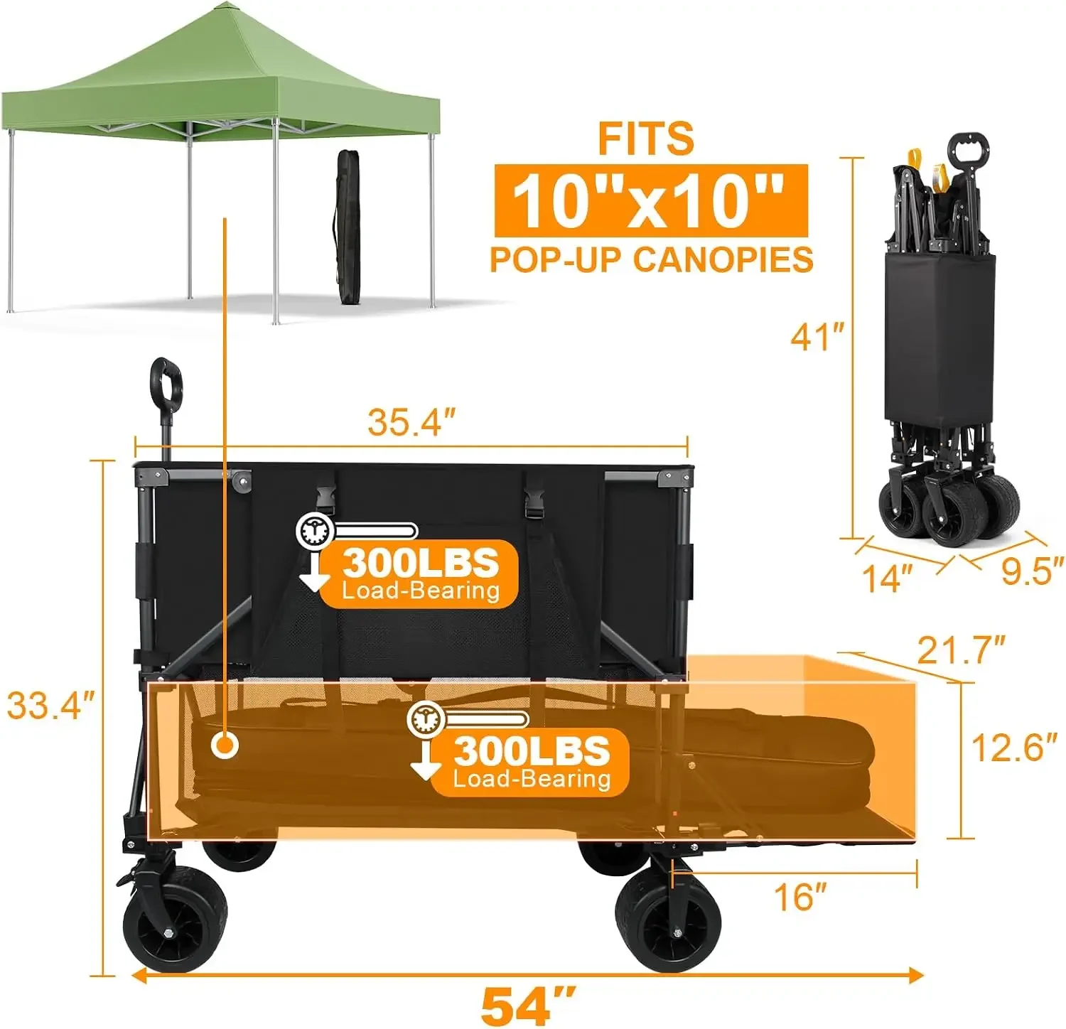 Double Decker Wagon Heavy Duty Collapsible, 600LBS 400L Capacity | Foldable Utility Cart, Big Wheels for Beach, Outdoor