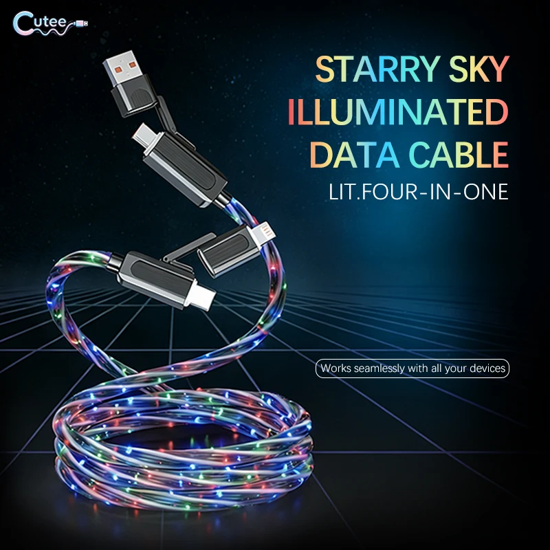 

4-IN-1 Charger Cable LED Light Starlight Colorful Fast Date Cable for iPhone 15/16 iPad and Samsung USB A and Type C