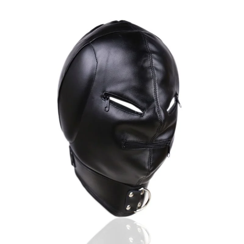 PU Leather Thickening Head Masks Funny Drawstring Sexy Men Face Cover Carnival Party Games Cosplay Adult Unisex Mask Zipper Open