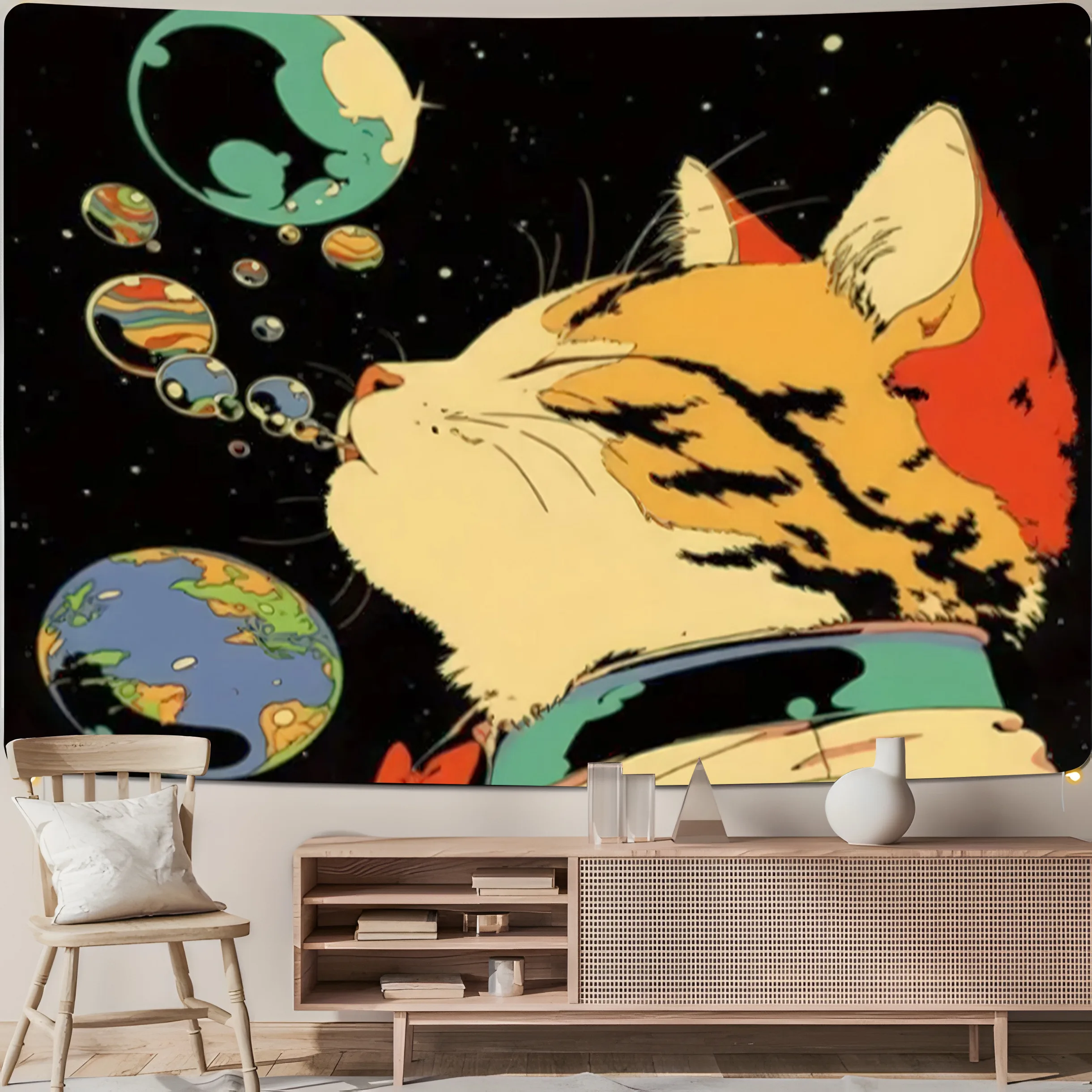 Space Cat Tapestry Boho Celestial Wall Hanging Astronomy Decor Cosmic Art for Living Room Bedroom Home Decor Poster