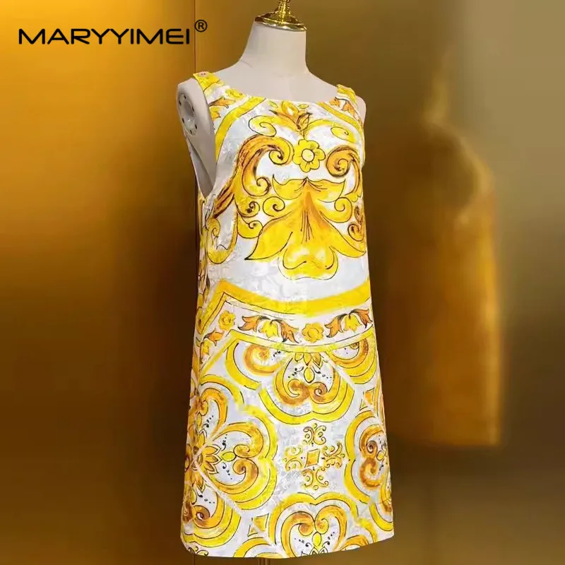 MARYYIMEI Summer Women\'s Dress Round neck Sleeveless Vintage Baroque Print Jacquard Silk Short Dresses