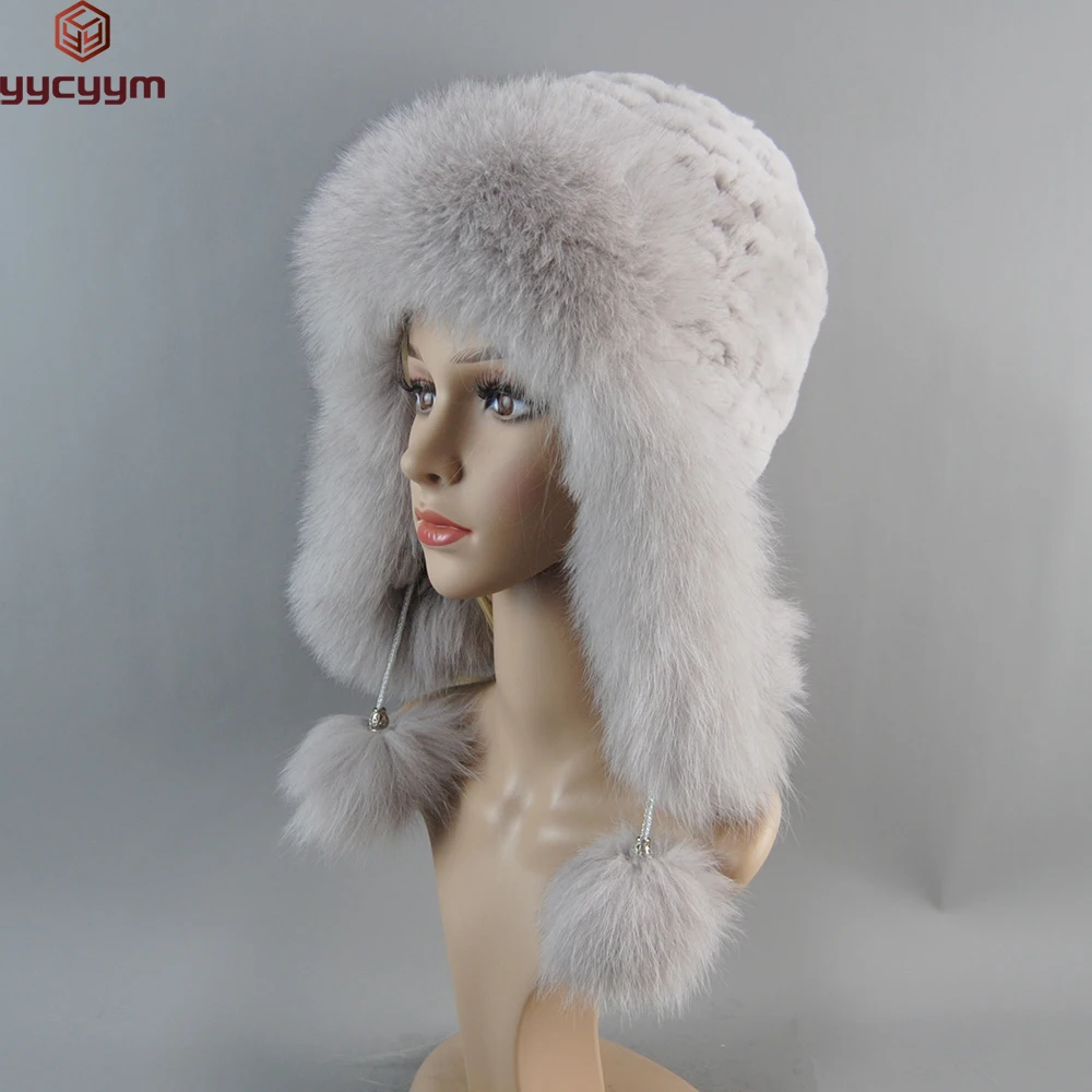 

Winter Hats for Women Real Fox Fur Bomber Hat Elastic Knitted Luxury Lady Real Rex Rabbit Fur Beanie Hat With Ear Protectors