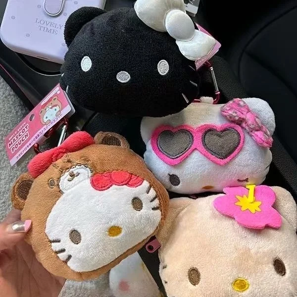Sanrio gafas de sol en forma de corazón monedero de felpa de gatito todo negro llavero de felpa de gatito esponjoso bolsa de almacenamiento de cosméticos bolsa en forma de oreja