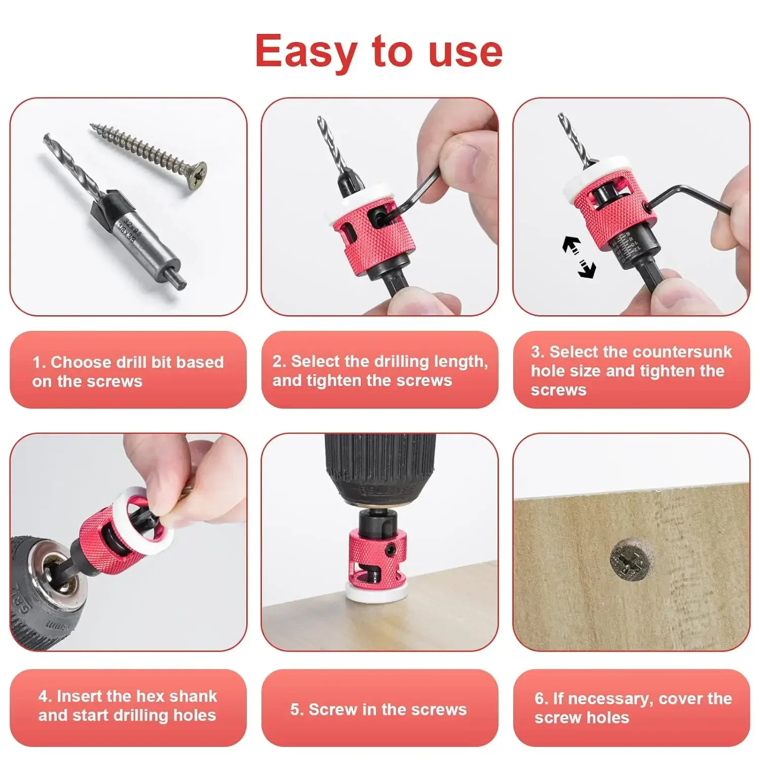 5 Pcs Countersink Drill Bit Set with Low Friction Depth Stop Hss M2 Tapered Bits for Accurate Woodworking with Carrying Case