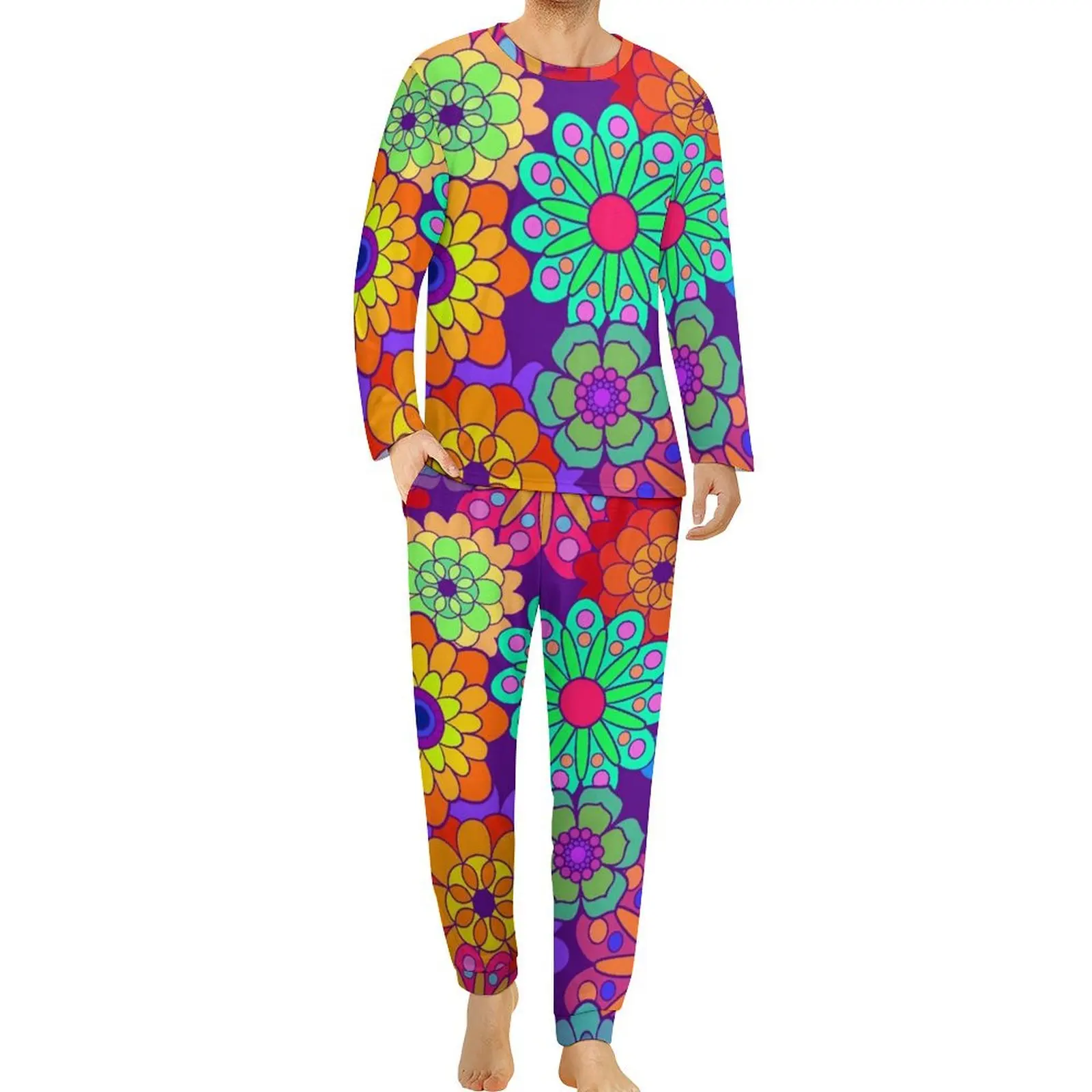 Retro Psychedelic Pajamas Hippy Flowers Print Man Long Sleeve Fashion Pajamas Set 2 Pieces Night Autumn Nightwear Gift Idea