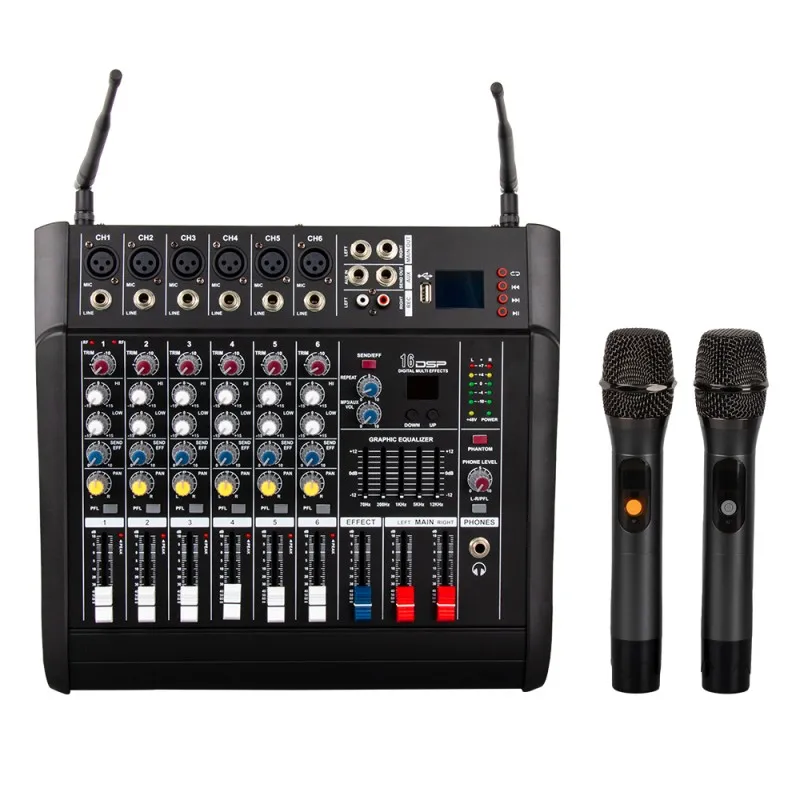 Professional Build-in Power Amplifier 6 Way Sound Card Mixer with 2 Wireless Microphones 6 Channel Power Powered Audio Mixer
