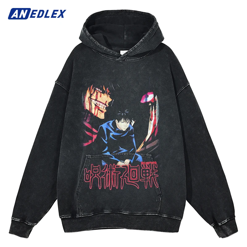 

Men Streetwear Vintage Hoodie Sweatshirt Japanese Anime Print Hoodie Hip Hop Harajuku Cotton Washed Black Hooded Pullover