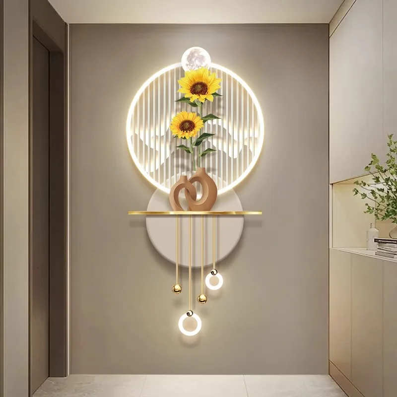 ひまわりのエントランス装飾絵画ウォールランプ、高級感のある廊下の端の照明付き