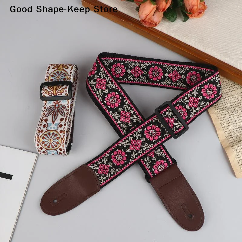 Correa de guitarra ajustable, correa para el cuello para bajo eléctrico y acústico, correas bordadas de cuero y algodón, accesorios para instrumentos musicales