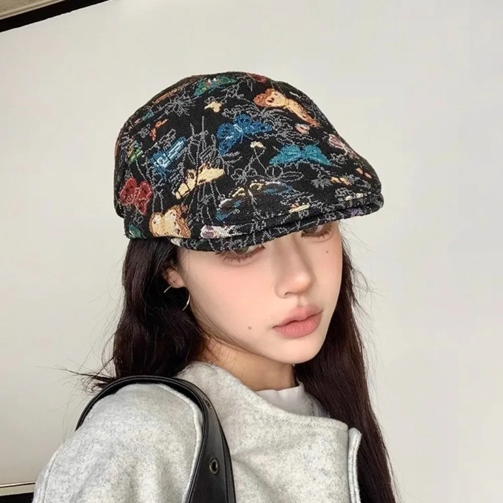 

Vintage Retro Newsboy Cap Ethnic Style Reversible Design Artist Painter Hat Casual Sweet Butterfly Embroidered Beret