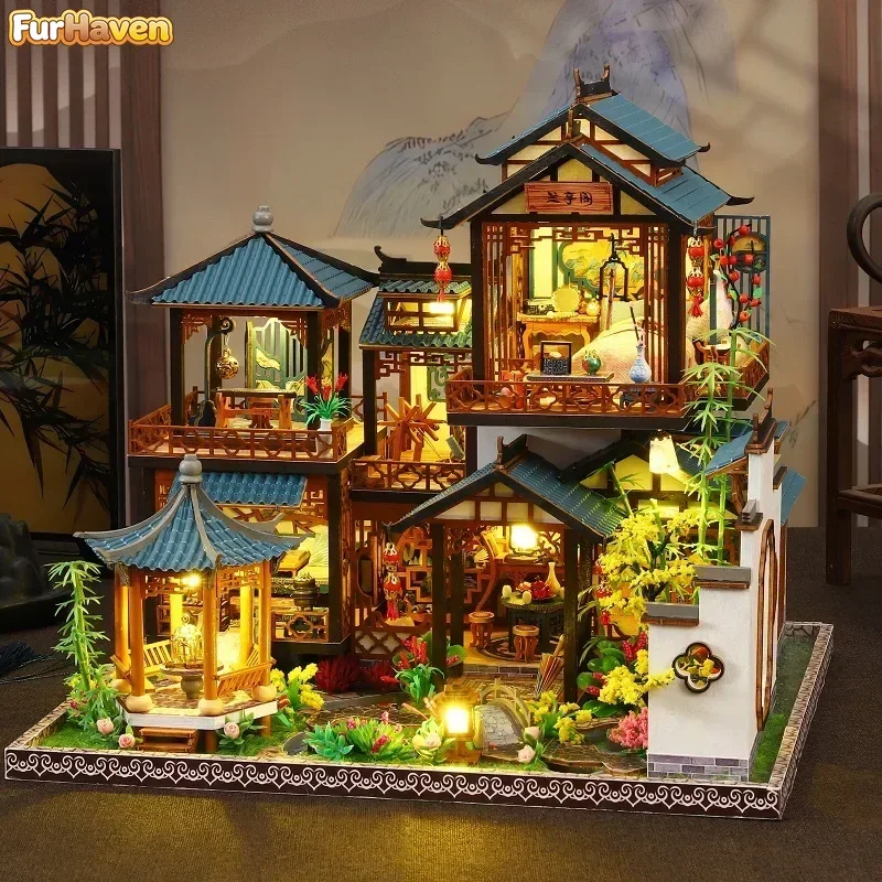 New DIY Wooden Chinese Ancient Villa Miniature Building Kits Doll Houses Casa Dollhouses for Friends Handmade Birthday Gifts