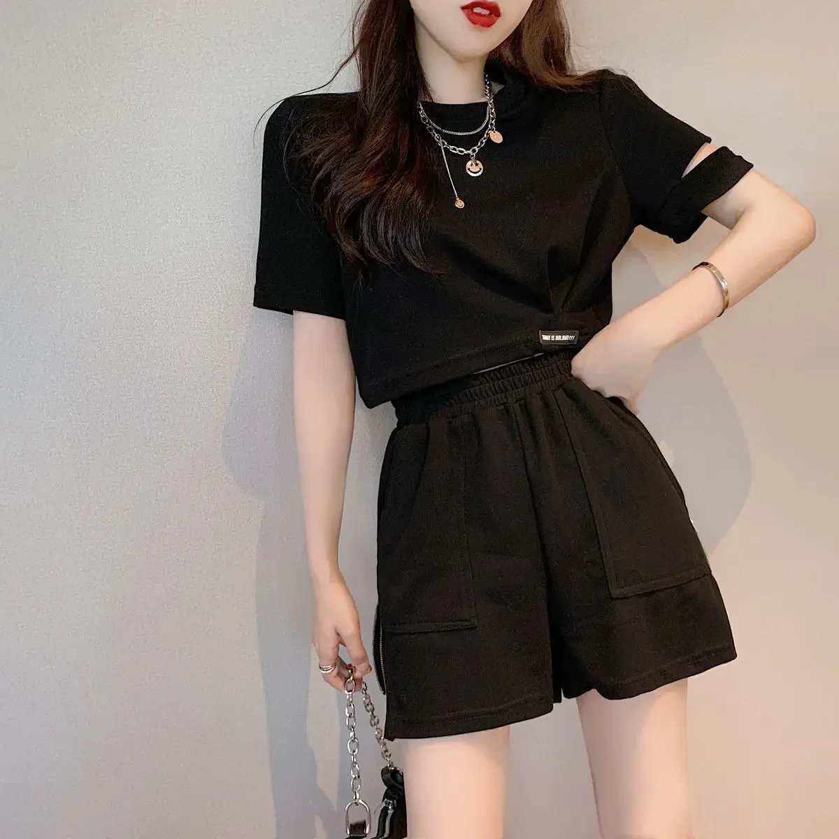 Conjuntos curtos femininos cinza, 2 peças, agasalho com zíper, roupas de férias, roupas clássicas, tendência, tendências leves, shorts femininos