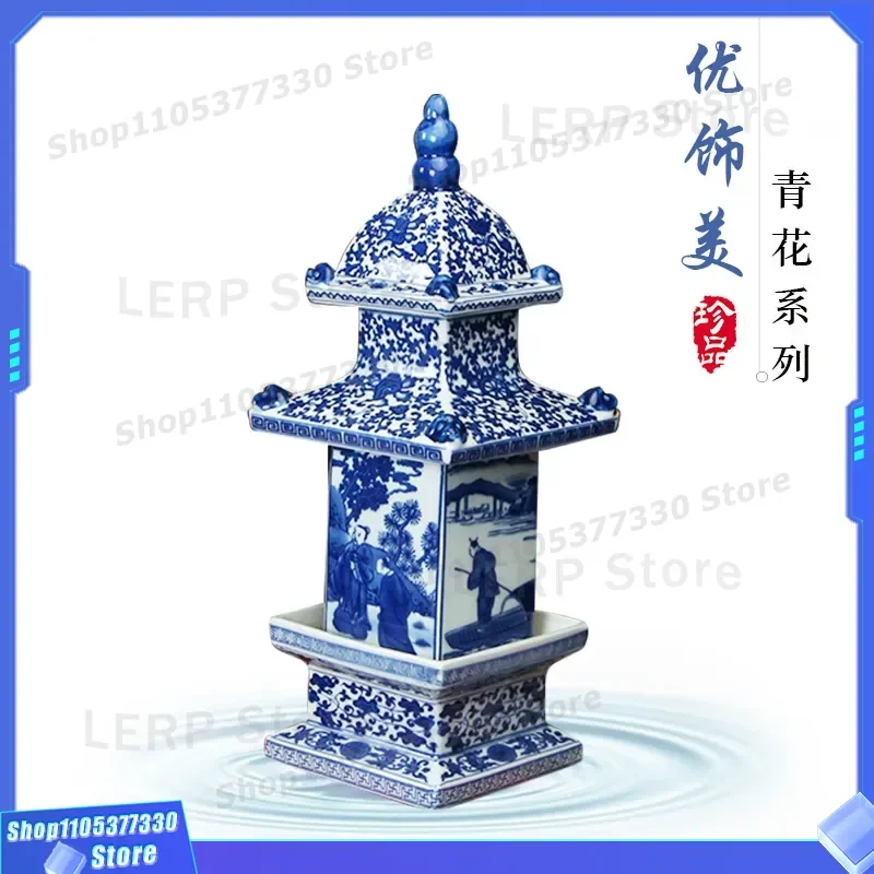 Jingdezhen Blue and White Porcelain Tower Hand Painted Classical Chinese Style Linglong Ceramic Home Decor Accessories New