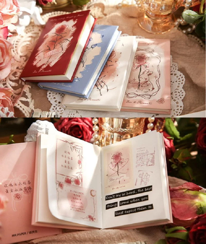 A7 Size Mini Notebook for Student Retro Aesthetic Rose Red Series Scrapbook Journal Mini Portable Blank Inside Page Notepad