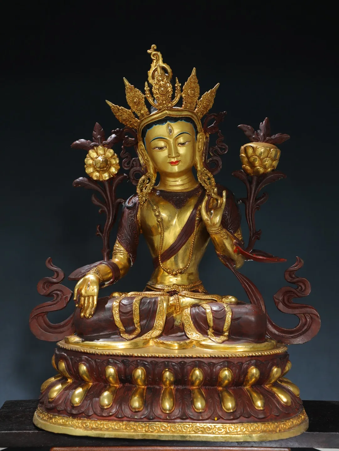 

25"Tibetan Temple Collection Old Bronze Gilded Painted Face Cinnabar White Tara Sitting Buddha Double Lotus Terrace Worship Hall