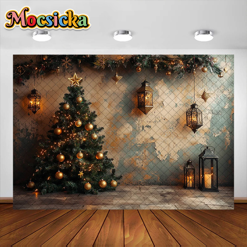 Properti Studio latar belakang fotografi Natal, karangan bunga Natal emas, dekorasi malam, properti Studio foto potret liburan untuk anak-anak