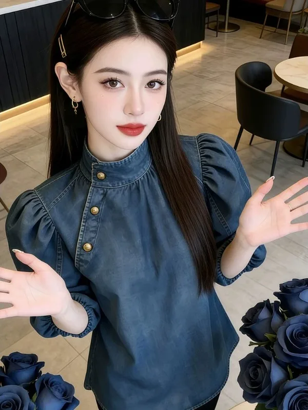 

Женская джинсовая рубашка больших размеров (до 300 фунтов), свободного кроя, с воротником-стойкой, рукавом до локтя, в повседневном стиле, летний топ, приятная к телу, дышащая